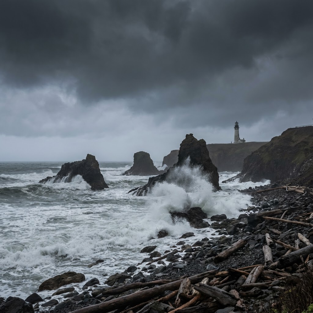Waves crashing against dark rocks on a stormy coast with a lighthouse in the distance.